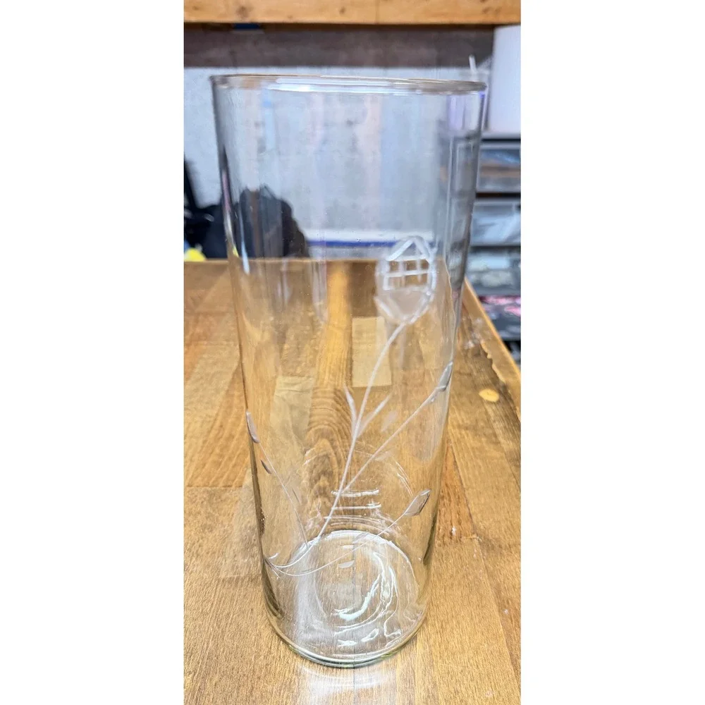 Tall Clear Glass Cylinder Vase with Etched Floral Design Minimalist Decor